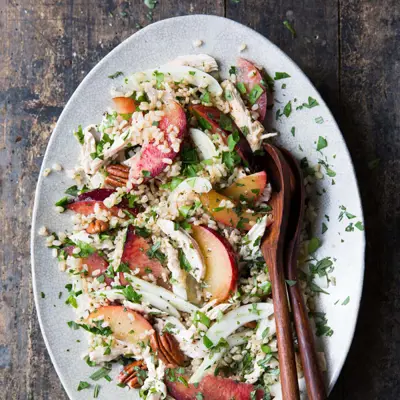 Plum Salad With Brown Rice, Chicken, Pecans And Mixed Herbs